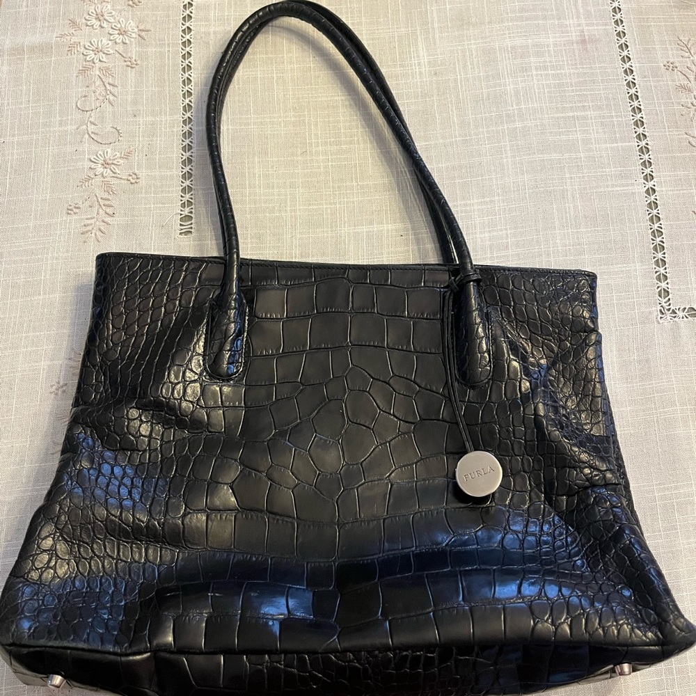 Furla black mock croc every day tote